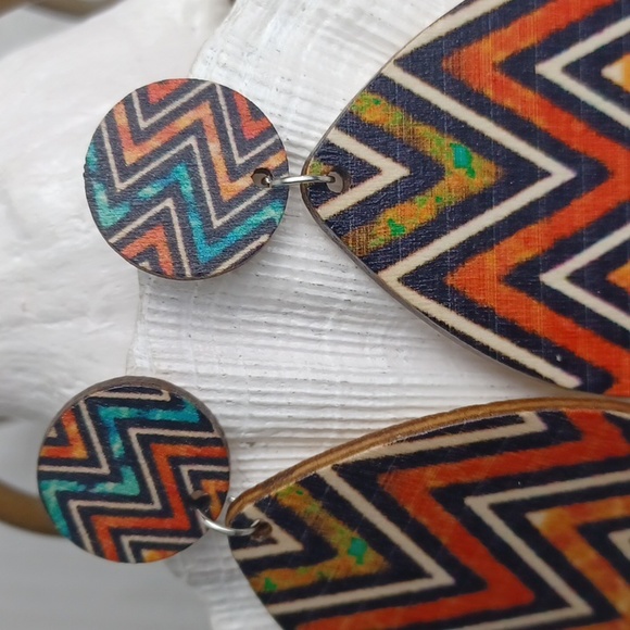 Colorful Tribal Chevron Wooden Design Dangling Earrings - Picture 4 of 9
